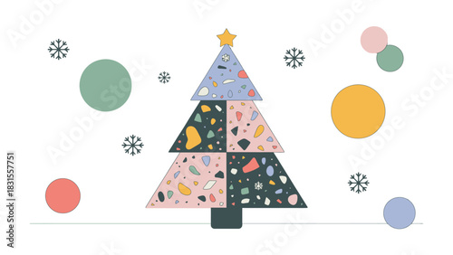 Festive Abstract Terrazzo Christmas Tree: A vibrant and modern representation of a Christmas tree in terrazzo pattern, accompanied by delicate snowflakes and colorful spheres.