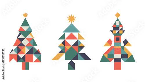 Festive Geometric Trees: A trio of stylized trees come to life with a collage of geometric shapes in a holiday illustration.