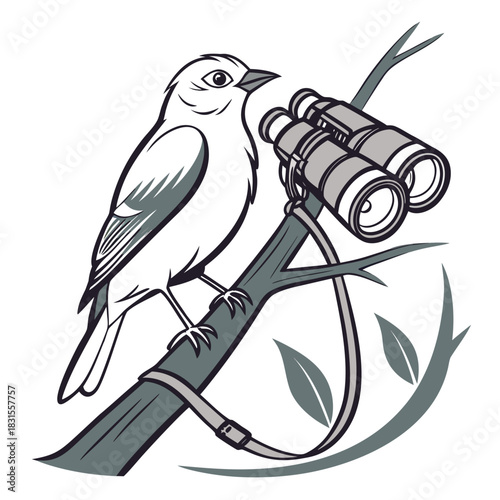 Birdwatching Illustration: A bird perched on a branch, next to a pair of binoculars, capturing the essence of observation and appreciation for avian life. 