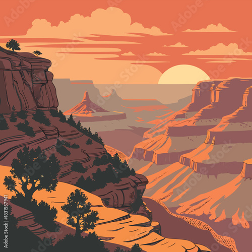 Grand Canyon Panorama: A vibrant illustration showcases the majestic Grand Canyon at sunset, highlighting the layers of rock and the vastness of the landscape.