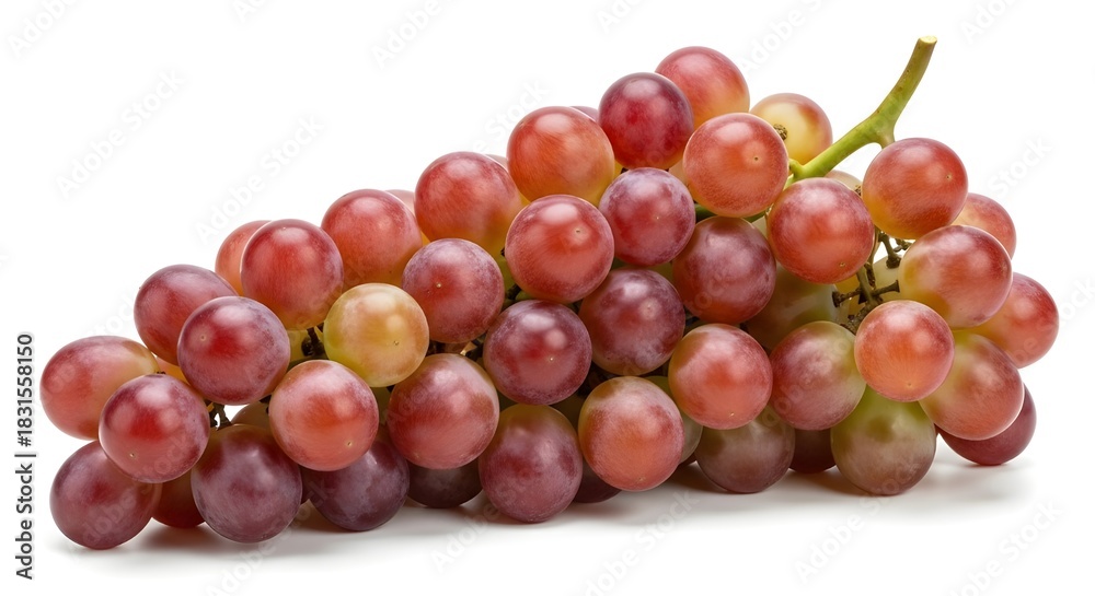 Fototapeta premium A bunch of red grapes with a green stem isolated on a white background in a studio shot view