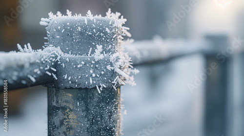 Frost-covered metal post with icy crystals during winter season