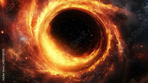 Exploration of a black hole surrounded by fiery cosmic phenomena in the vast universe, black hole abstract computer generated