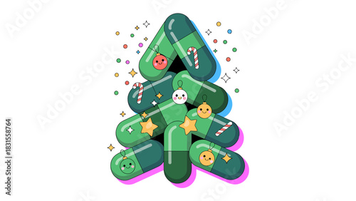 Festive Pharmacy: A creative and whimsical illustration presents a Christmas tree constructed from colorful capsules, embellished with holiday motifs like ornaments, stars, and candy canes.