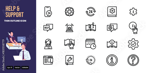 help and support thin outline icon set vector design good for web and mobile app
