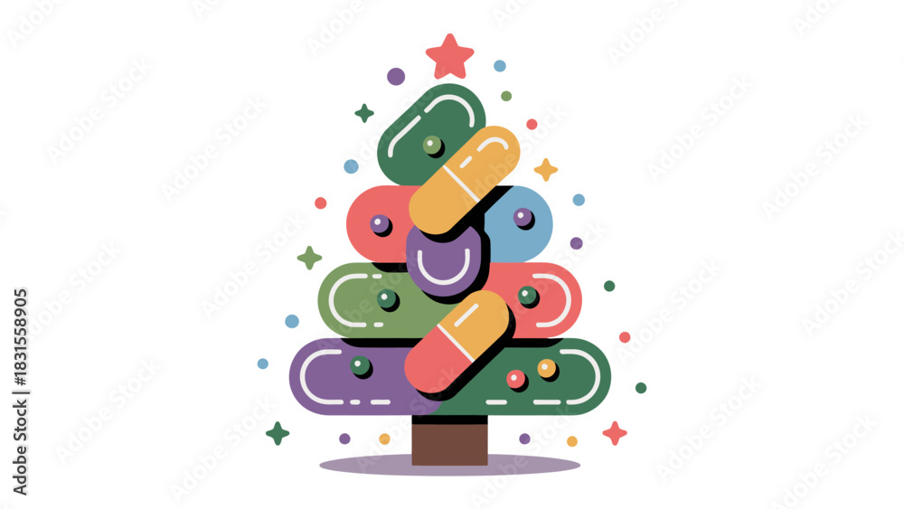 Obraz premium Pharmaceutical Christmas Tree: A whimsical Christmas tree crafted from vibrant pills and capsules, representing the intersection of healthcare and festive cheer, all topped with a sparkling star.