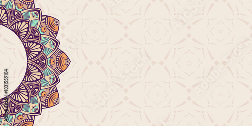 Horizontal mandala banner. Decorative flower mandala background with place for text. Colorful abstract stylish graphics. Arabic, islamic east style. Vector color illustration.