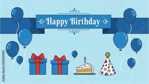 Happy Birthday Celebration with Gifts, Cake, Balloons, and Party Hat