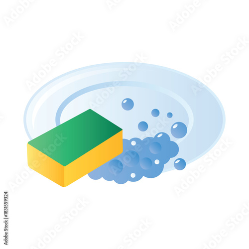 Dishwashing Sponge with Bubbles on a Clean Plate