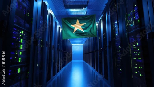 Flag of Christmas Island displayed in a dimly lit server room with rows of servers at night, flag of christmas island over server room