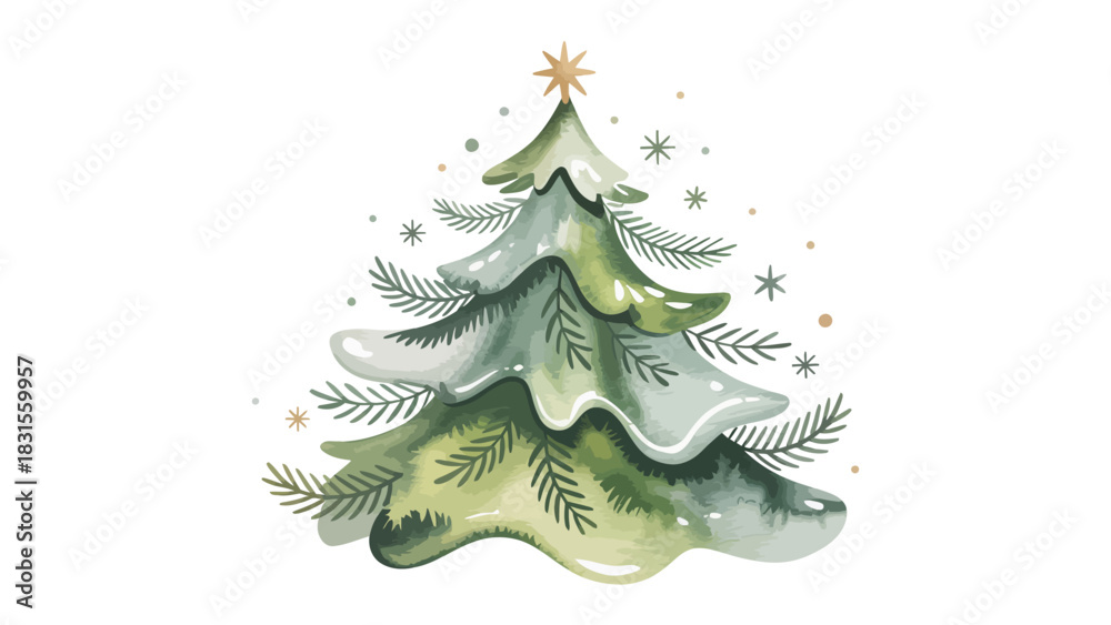 Obraz premium Festive Christmas Tree Decoration: A whimsical illustrated Christmas tree, adorned with delicate ornaments and a shining star, embodies the warmth and cheer of the holiday season.