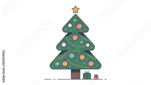 Festive Evergreen Elegance: An elegant evergreen tree, adorned with twinkling lights, colorful ornaments, and a golden star, stands ready to usher in the holiday season.