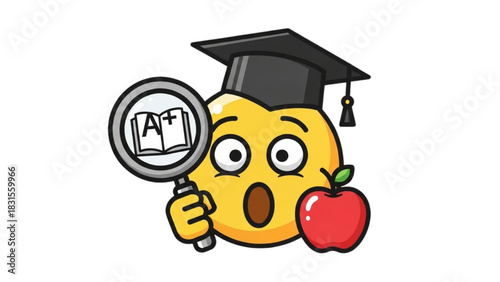 Excited Student Emoji Discovers Knowledge and Academic Achievement with Magnifying Glass and Graduation Cap