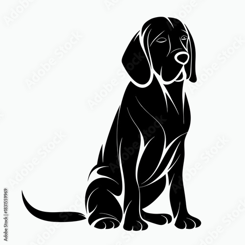 Black silhouette of beagle dog sitting gracefully on white background
