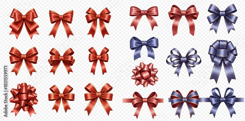 A collection of realistic red and blue satin gift bows and decorative ribbons for presents and celebrations.