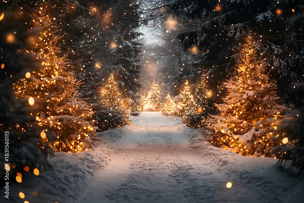 Naklejka premium Illuminated Christmas Trees Line a Snowy Forest Path in Winter Image