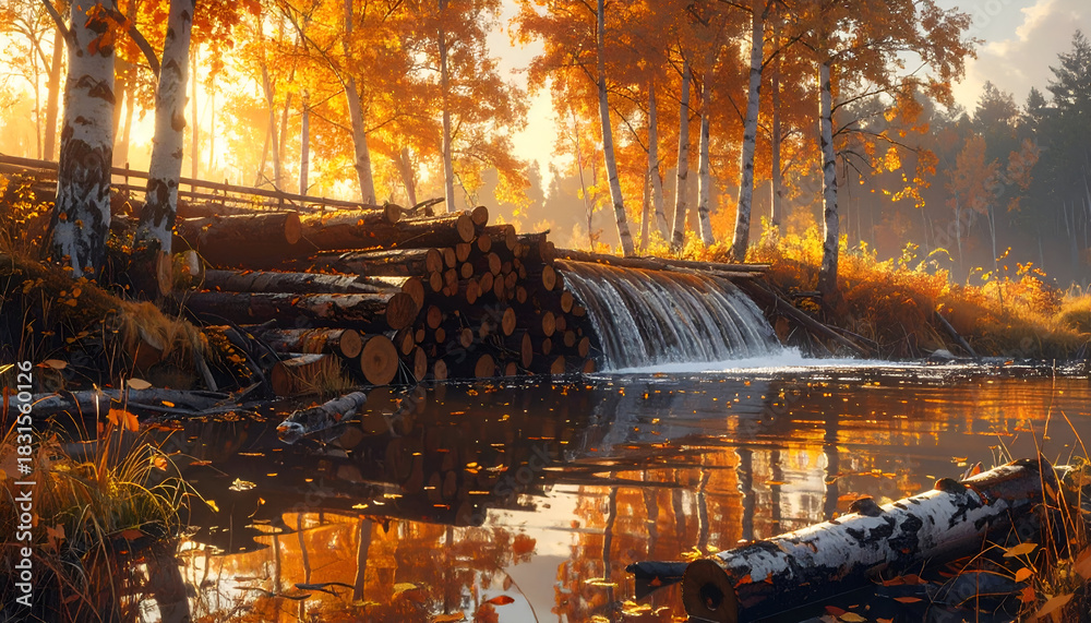 Obraz premium Autumnal Waterfall Scene - Serene Forest Landscape Reflection.