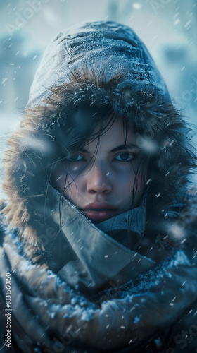 Young woman in winter coat standing in snowstorm with intense expression  