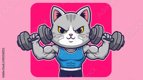 A strong, muscular cartoon cat with grey stripes and an angry expression lifts dumbbells, showcasing its biceps in a blue tank top against a pink background.