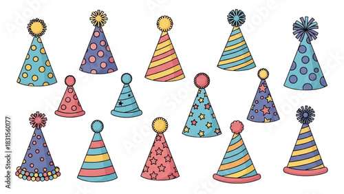 Collection of Festive Birthday Party Hats with Various Patterns and Colors