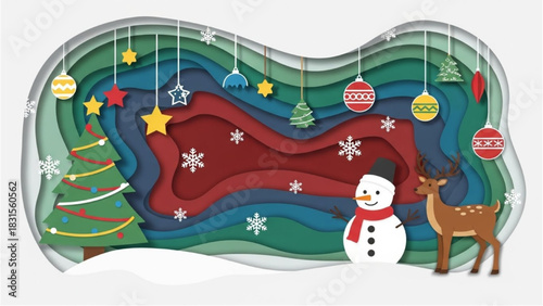 Christmas and Winter Holiday Scene with Snowman, Deer, and Decorated Tree