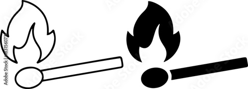 Burning matchstick icon, fire danger start flat vector set