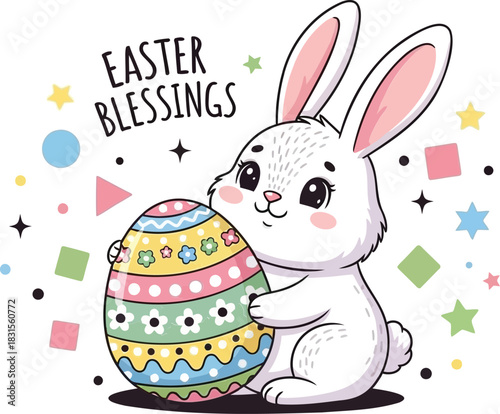 Cute white bunny rabbit holding a colorful decorated easter egg with festive blessings and scattered shapes and stars on a black background