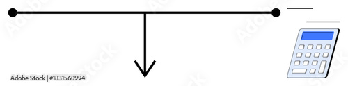 Horizontal lever balanced on two points with downward arrow for force and calculator for calculation. Ideal for physics, mechanics, mathematics, education, problem-solving, equilibrium, simple