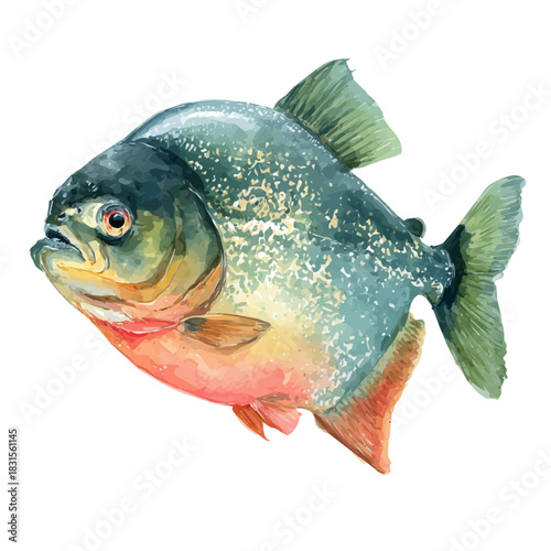 Stylized watercolor Piranha vector, modern artistic illustration with high-quality details on a pure white background.