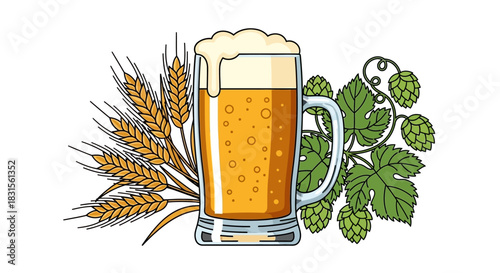 Beer mug with wheat and hops, traditional brewing ingredients