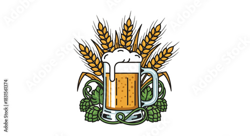 Refreshing beer mug with wheat and hops, craft brewing artwork