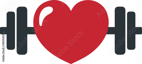 Red heart barbell icon, gym fitness exercise flat vector design