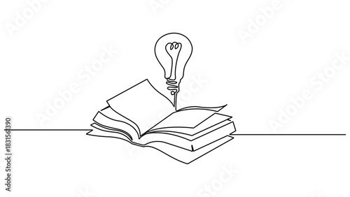 
Opened book with light bulb in one continuous line drawing. Continuous vector education and literature with opened book  and light bulb. Symbol of idea for business or schedule. one line Icon drawing