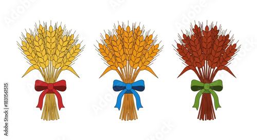 Three bundles of wheat tied with colorful ribbons, harvest season