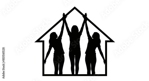 Three women silhouettes support house outline, unity concept