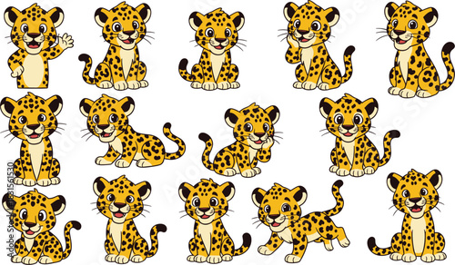 Collection of adorable jaguar cubs in various poses isolated on white background, showcasing their playful nature and captivating charm, perfect for childrens designs