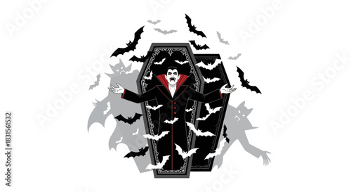 Vampire emerging from coffin with flying bats halloween vector