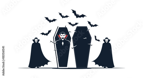 Vampires, coffins, and bats flying, spooky halloween scene vector
