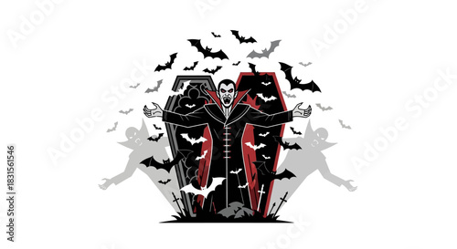 Vampire emerging from coffin with flying bats horror illustration