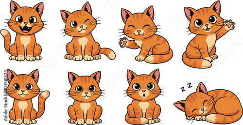 A charming collection of ginger cat illustrations, showcasing various expressions and poses, perfect for adding a touch of feline fun to any project isolated on white background