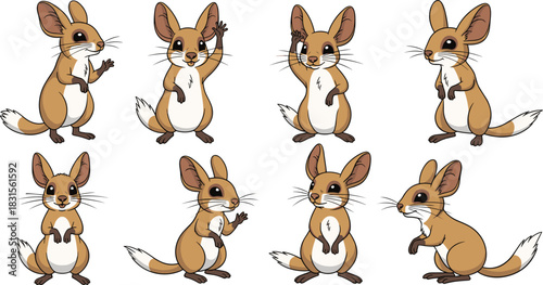 Set of cute cartoon jerboa isolated on white background collection of adorable desert rodent characters in different poses vector illustration