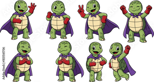 A collection of cartoon turtle superheroes wearing capes and gloves, showcasing various poses and expressions isolated on white background