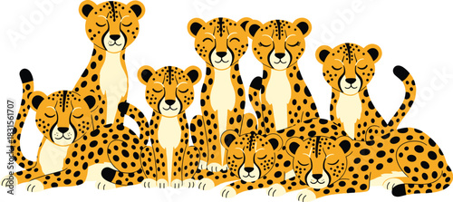 A group of adorable cheetah cubs are resting together, their eyes closed in peaceful slumber isolated on white background the cubs are a light orange color