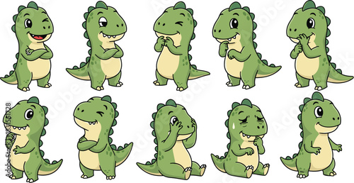 Collection of adorable green dinosaur cartoon characters expressing various emotions, isolated on white background perfect for childrens books and educational resources