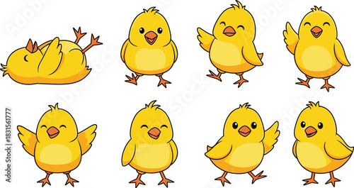 Collection of adorable yellow chicks in various poses, isolated on white background, perfect for easter, spring, or childrens designs and illustrations