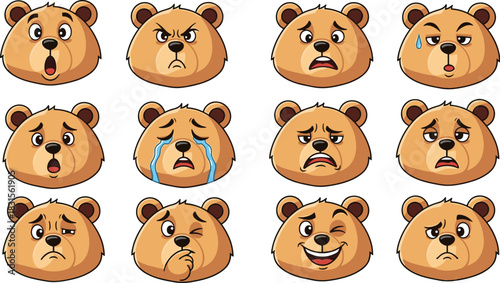 Cartoon bear head with different facial expressions isolated on white background set of cute bear emoticons showing various emotions and feelings