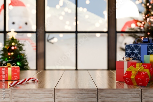 3d christmas wooden table with gift boxes and snowman window view. festive holiday background concept. winter scene mockup for product display and advertising. 3d render.