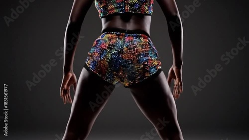 Silhouette of a person in sequined crop top and shorts, posed against a gray backdrop