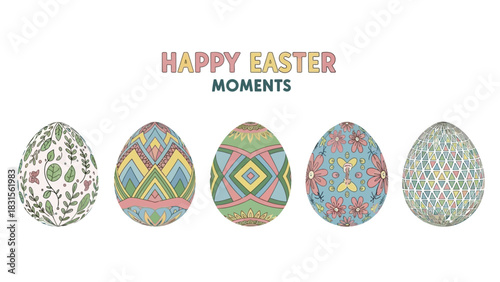 Happy easter moments featuring a collection of five uniquely decorated and colorful easter eggs in a row against a white background