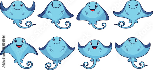 Collection of adorable blue stingrays with happy expressions, isolated on white background these charming sea creatures bring a touch of whimsy to any design